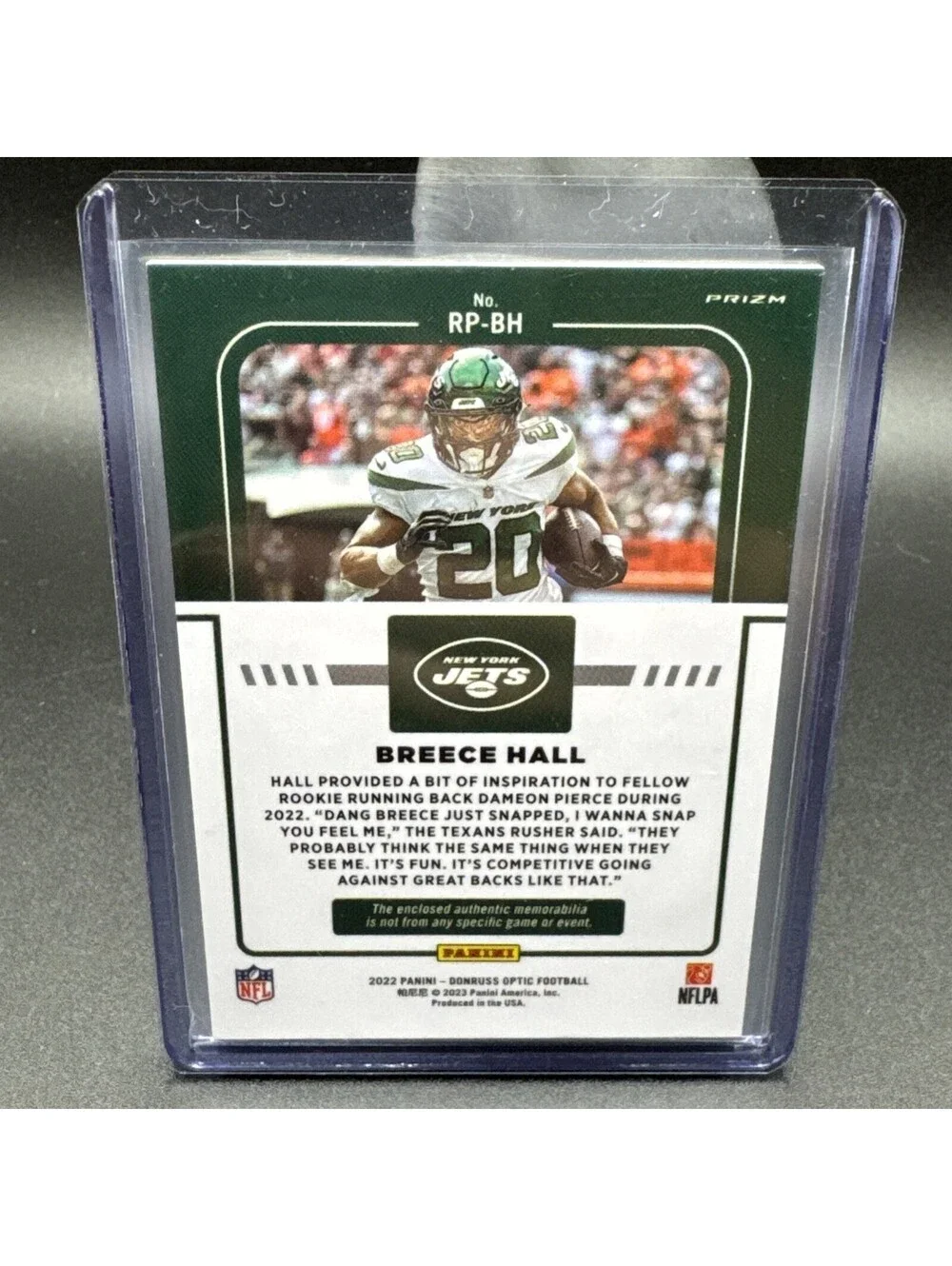 Breece Hall Rookie Phenom Optic No. RP-BH Panini 2022 with Swatch